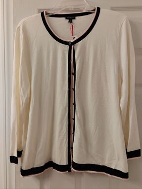 Talbots Cream Button-Front Cardigan with Navy and Pink Trim